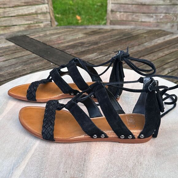 Franco Sarto Womens Sandals Black Lace Up Leather Flats Size 7.5 M Strappy - Picture 3 of 7
